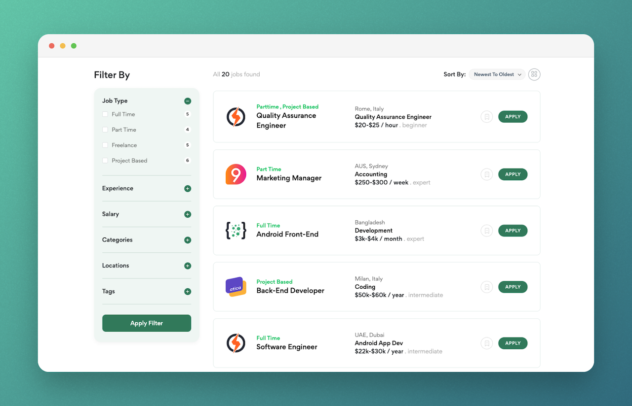 Jobus job listing layout with sidebar filters